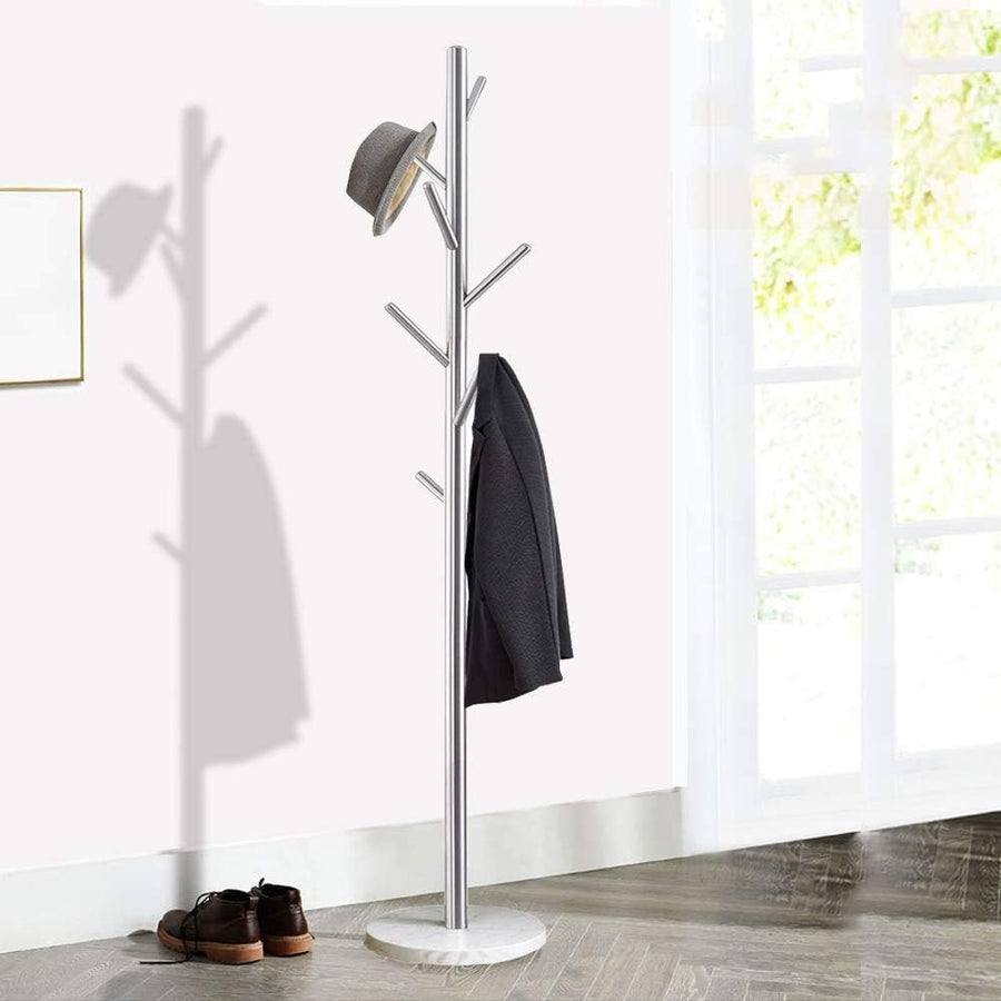 Modern Freestanding Coat Rack Metal Stand | Marble Base Silver Hall Tree