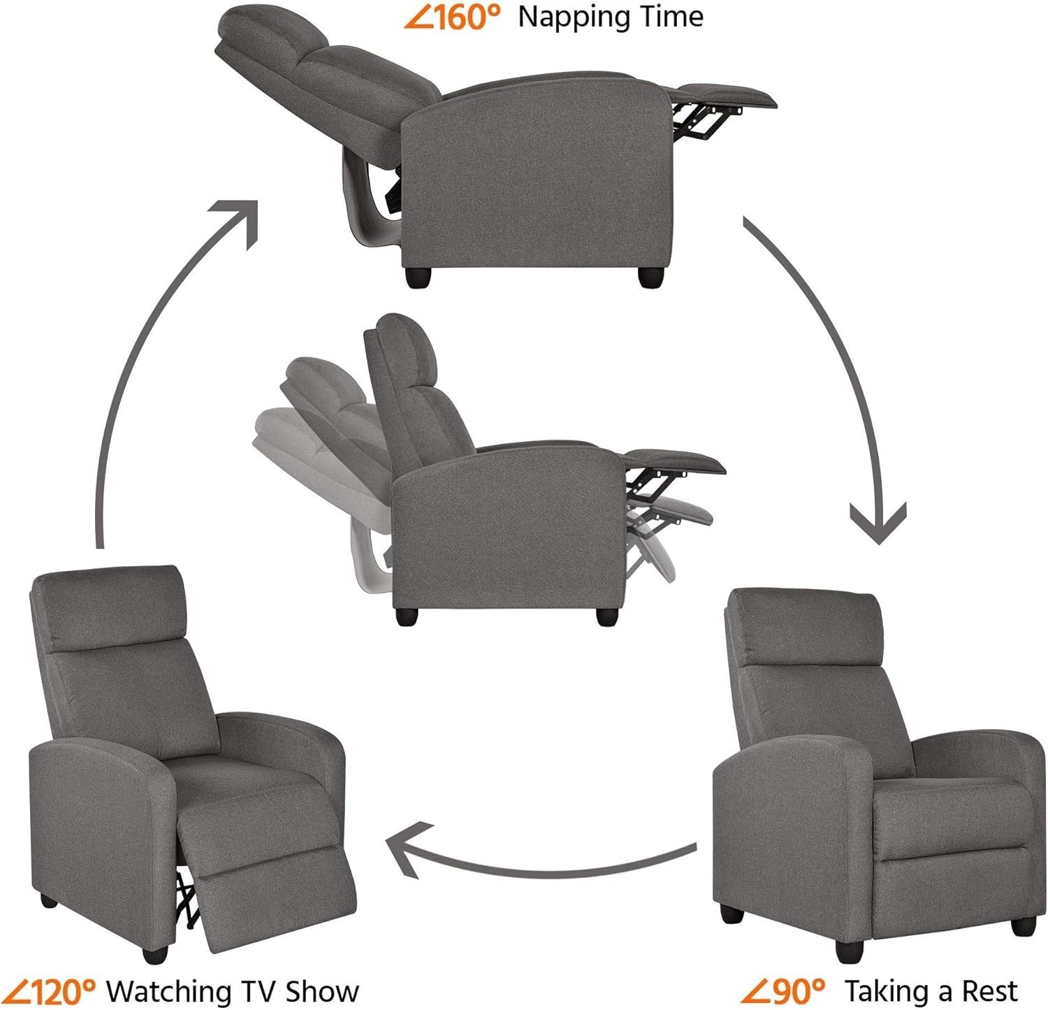 Grey Fabric Recliner Armchair Lounge Chair Sofa Adjustable Home Cinema