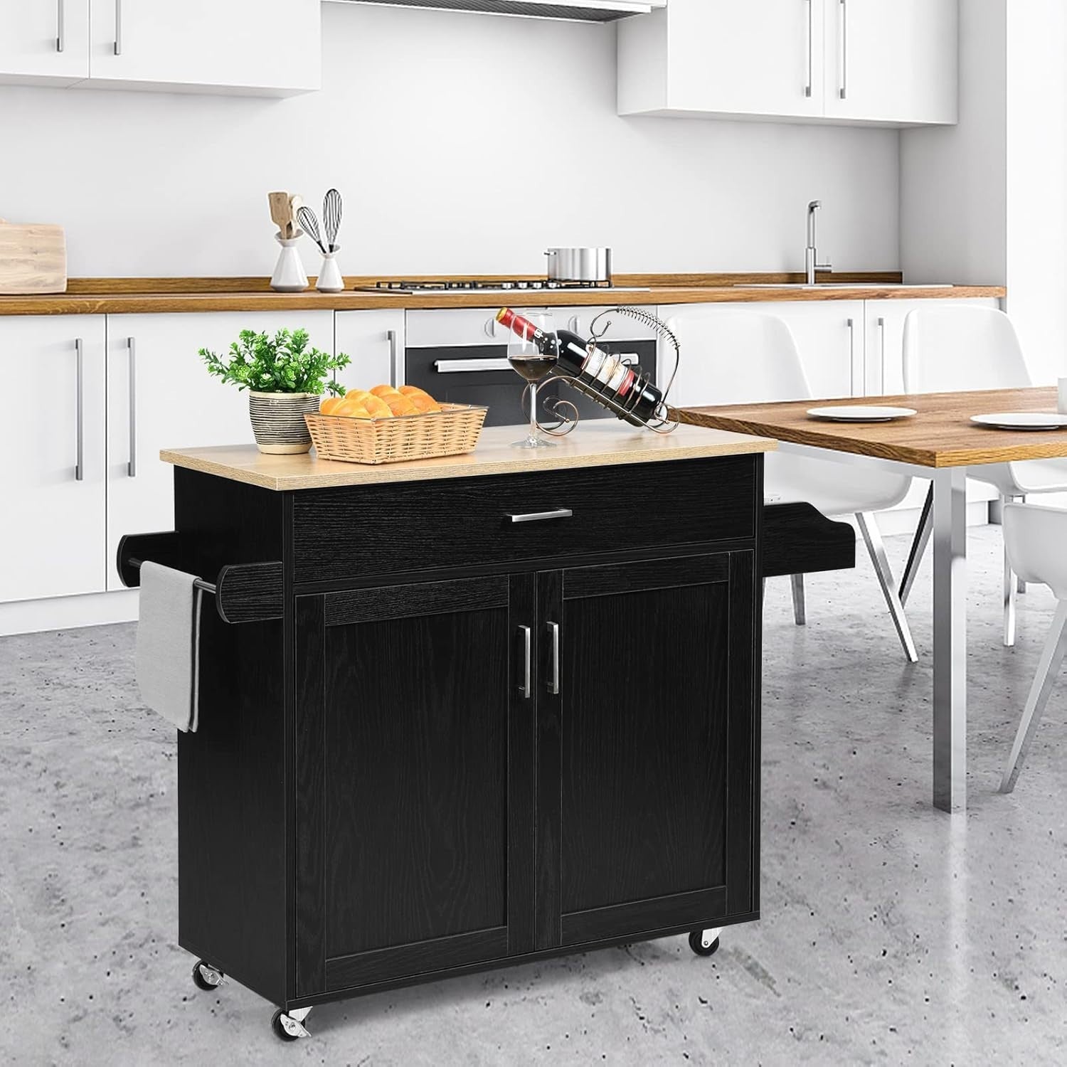 116cm Kitchen Island Trolley Drawer Cabinet Black