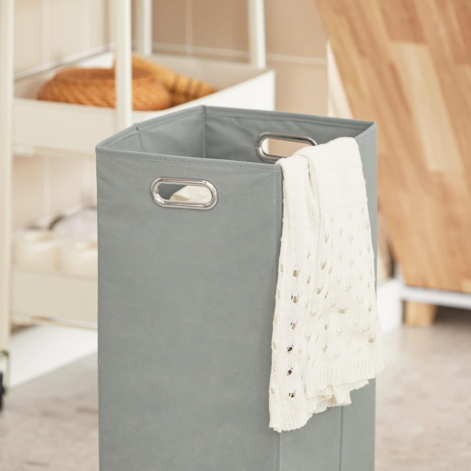 Tall Bathroom Storage Cabinet with Fold-Out Laundry Basket White 31×32×170cm