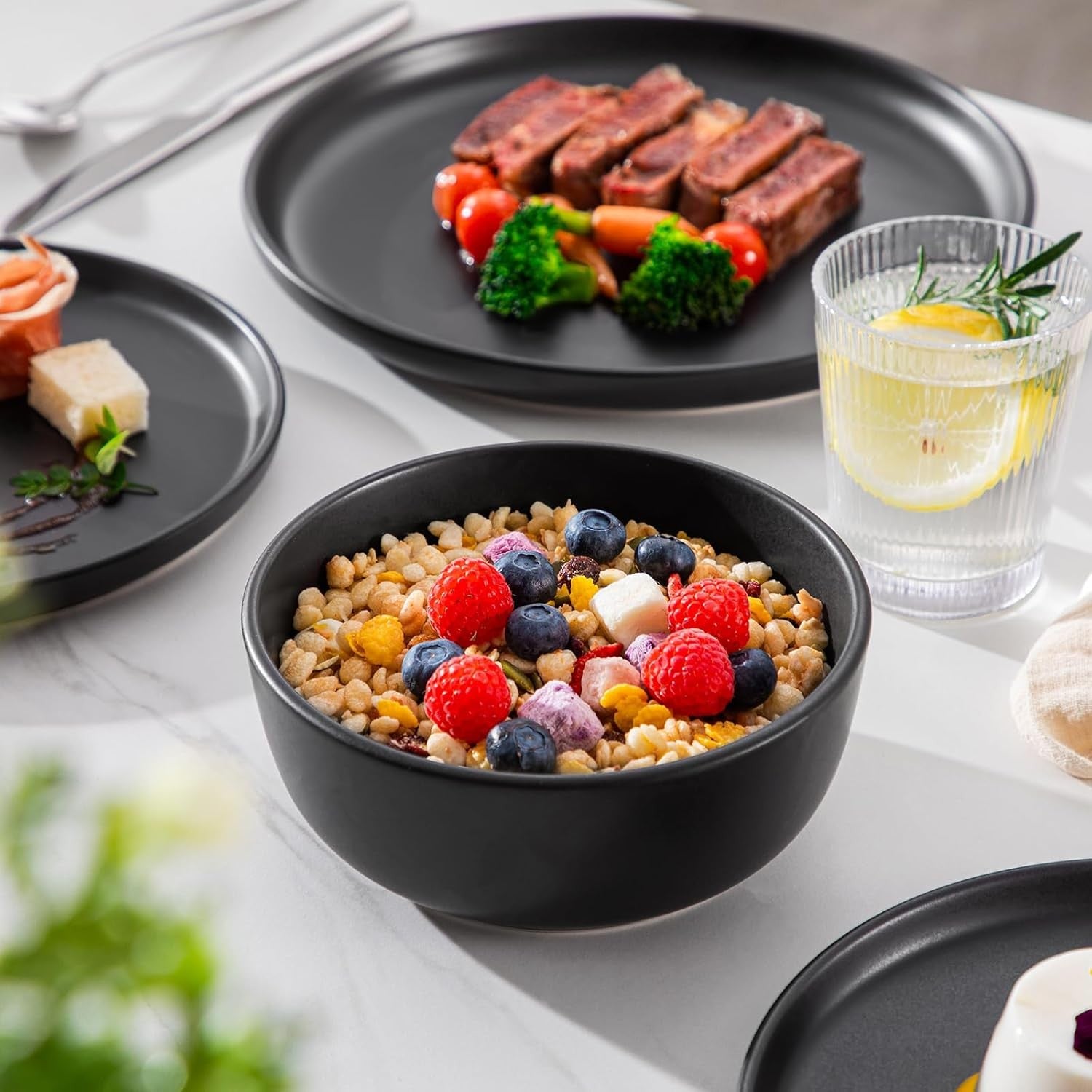 18pc Black Stoneware Dinner Set Matte Glaze Plates Bowls Microwave Safe