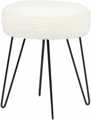 White Teddy Bouclé Round Stool Modern Padded Footrest Hairpin Leg Seat