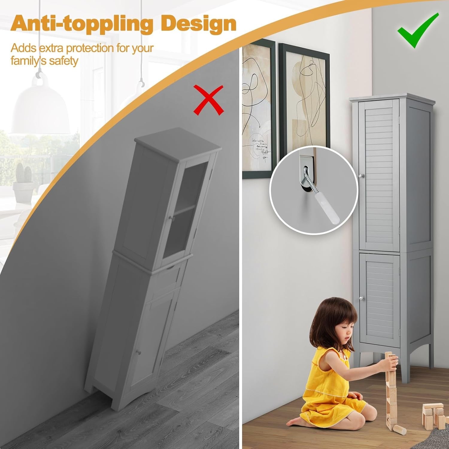 Grey Tall Bathroom Cabinet with 5 Shelves & 2 Doors Slim Storage Unit