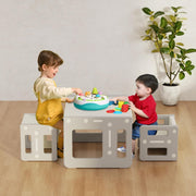 Montessori Kids Table & 2 Chairs Set, Grey Plastic Activity Desk & Stools