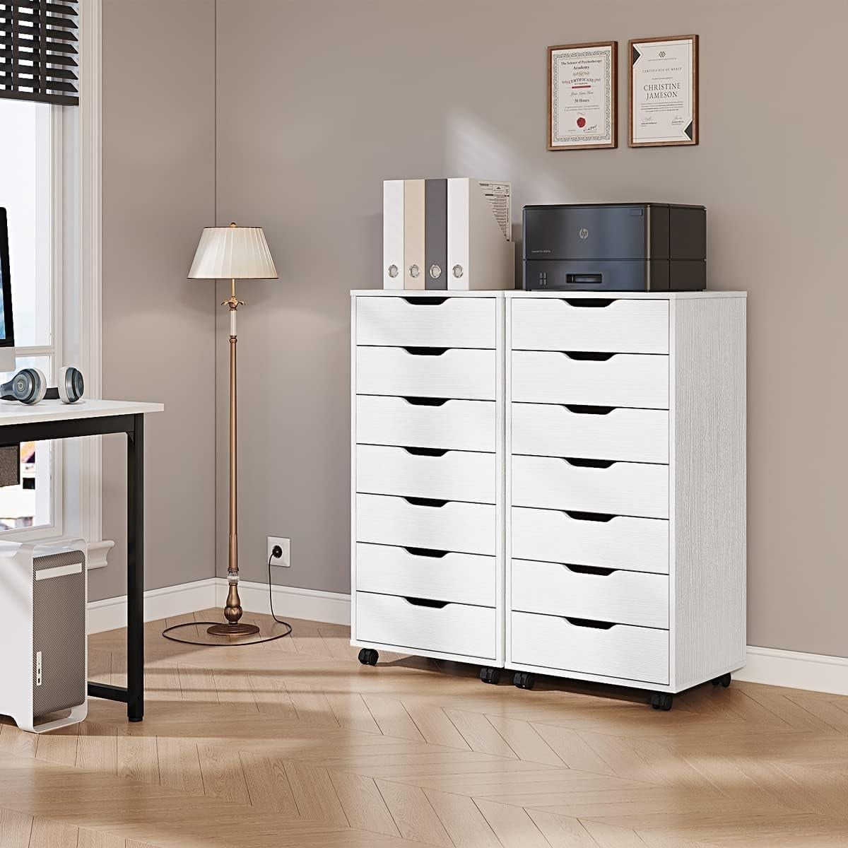 7 Drawer Mobile Filing Cabinet with Wheels Office Storage Chest White