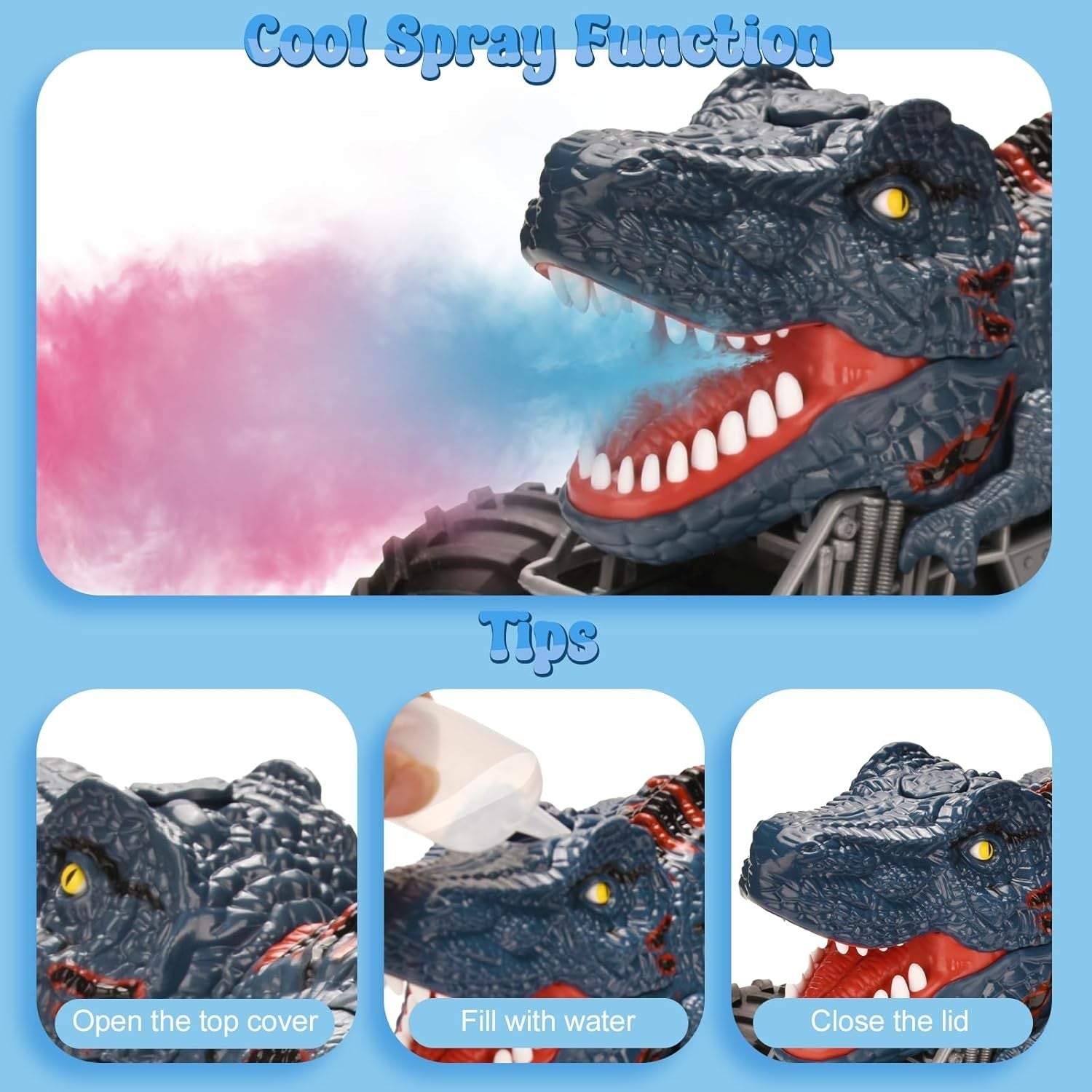 1:16 RC Dinosaur Monster Truck with LED Lights, Music & Spray Mist Toy