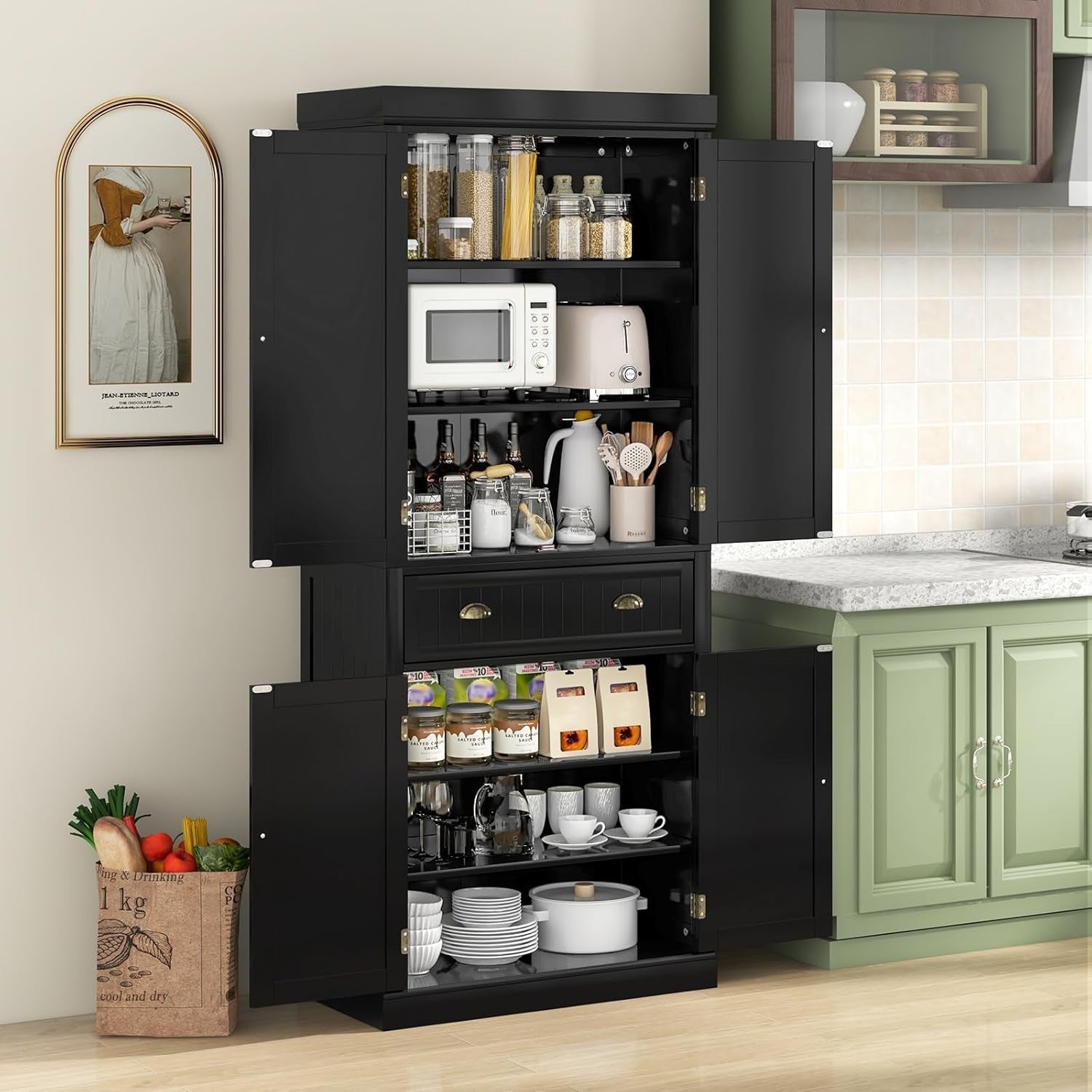 182cm Black Kitchen Pantry Cupboard | 4 Adjustable Shelves & 1 Drawer