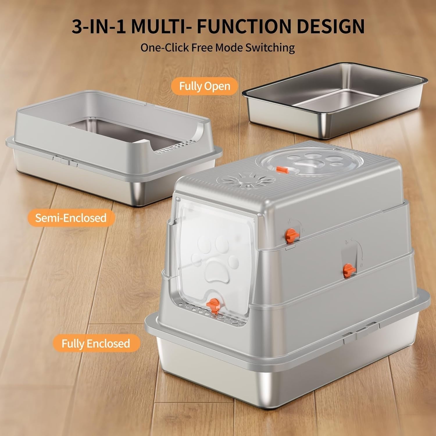 Stainless Steel Cat Litter Box Covered High Sided Odor Control Grey
