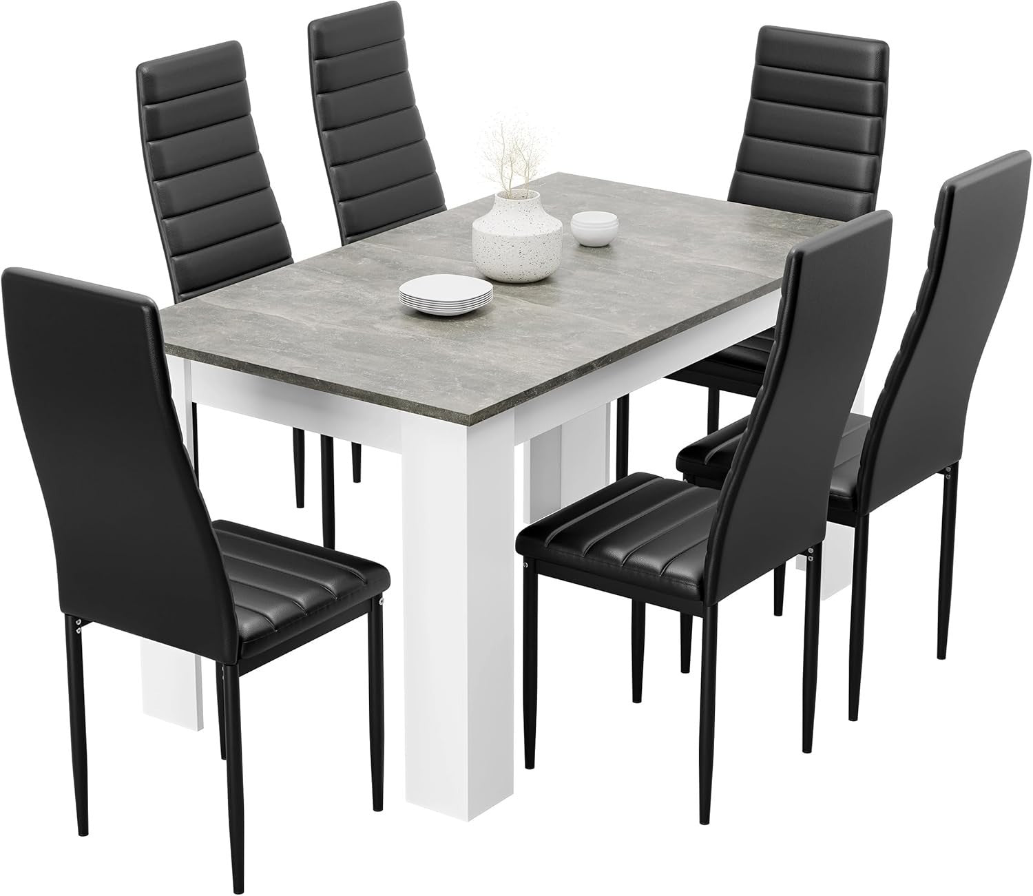 Modern Grey Marble Dining Table Set with 6 Black PU Leather Chairs 140x80cm