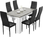 Modern Grey Marble Dining Table Set with 6 Black PU Leather Chairs 140x80cm