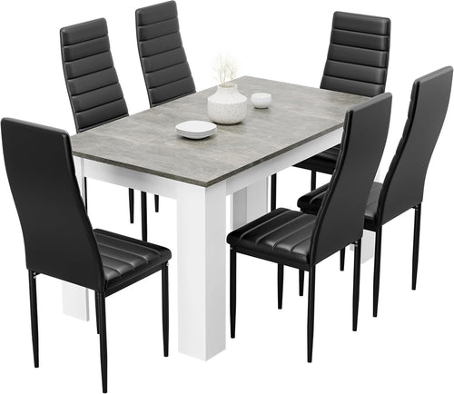 Modern Grey Marble Dining Table Set with 6 Black PU Leather Chairs 140x80cm