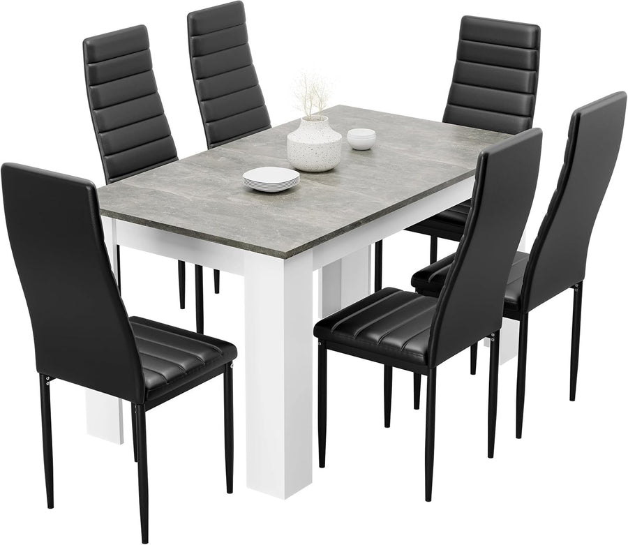 Modern Grey Marble Dining Table Set with 6 Black PU Leather Chairs 140x80cm