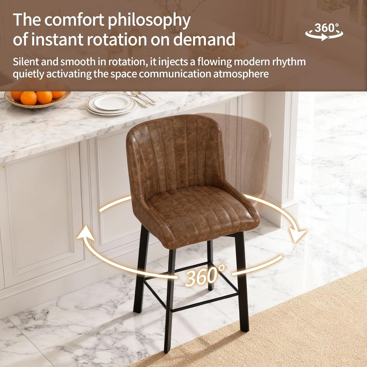 Swivel Bar Stools Set of 2 | Brown PU Leather L-Shaped Counter Chairs