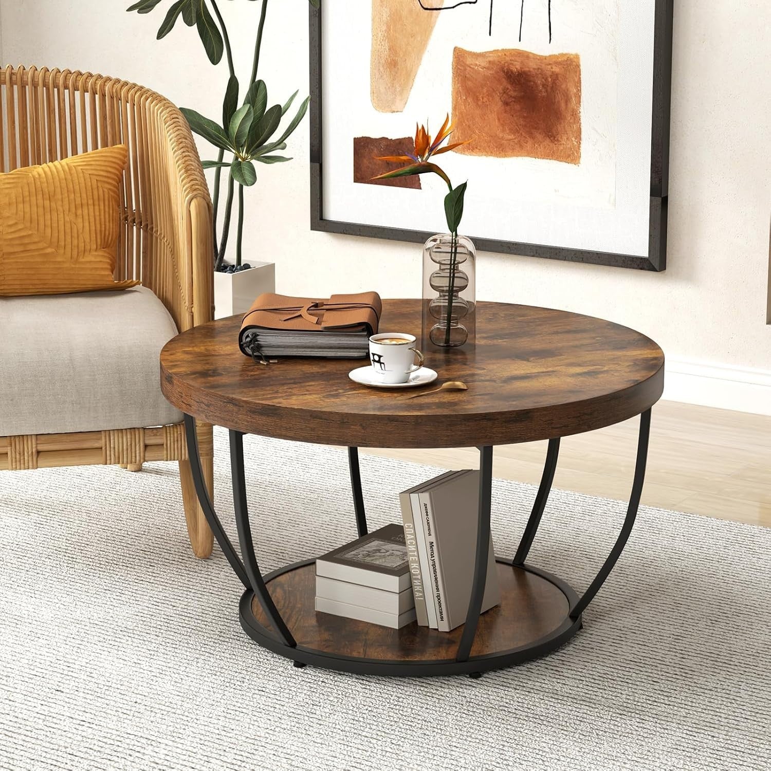 Round 2-Tier Coffee Table with Storage Shelf, Industrial Metal Frame, Rustic Bro
