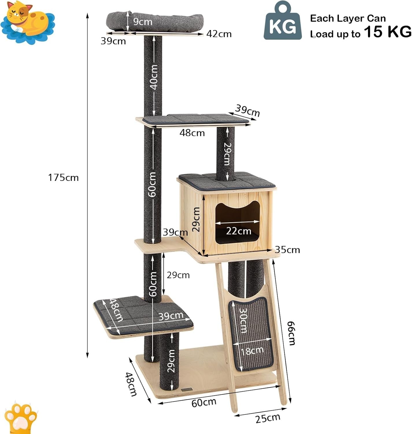 175cm Tall Wooden Cat Tree Multi Level Scratching Tower with Condo & Perch