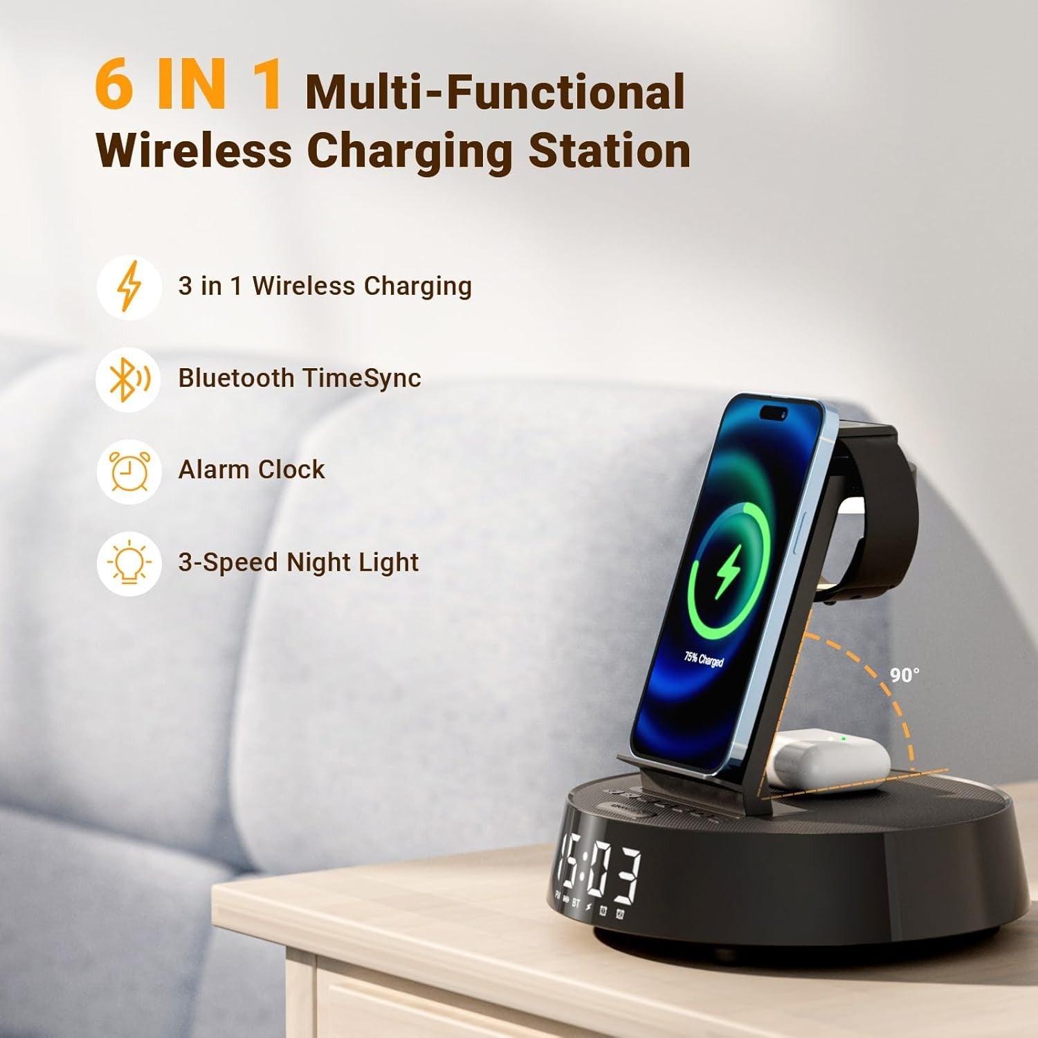 Wireless Charger Alarm Clock Bluetooth Speaker Night Light Fast Charge