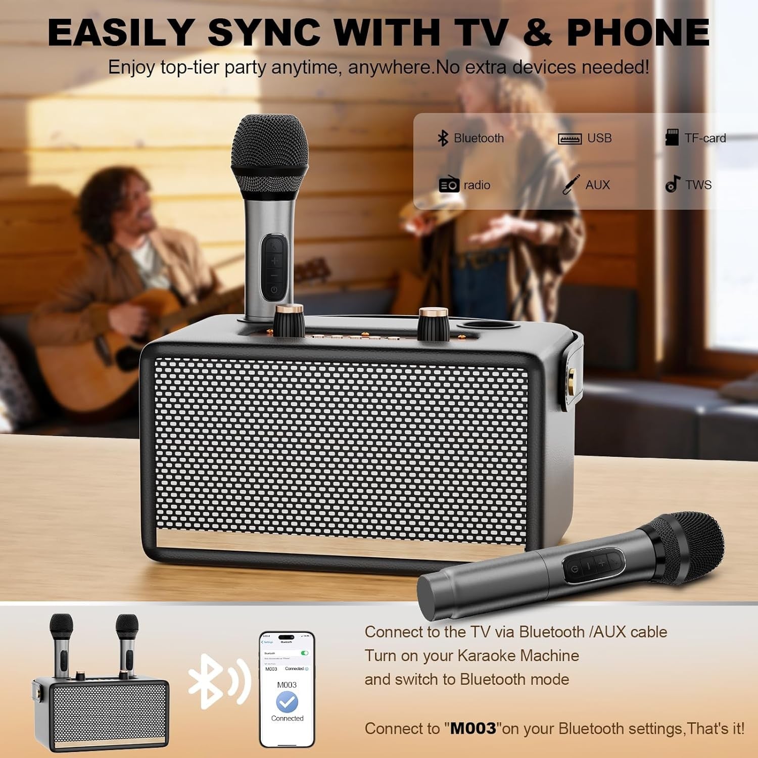 Portable 30W Bluetooth Karaoke Machine 2 Wireless Mics TF USB