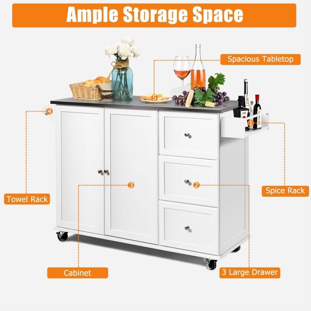 Rolling Kitchen Island Cart with Stainless Steel Top, Storage Drawers & Towel Ra