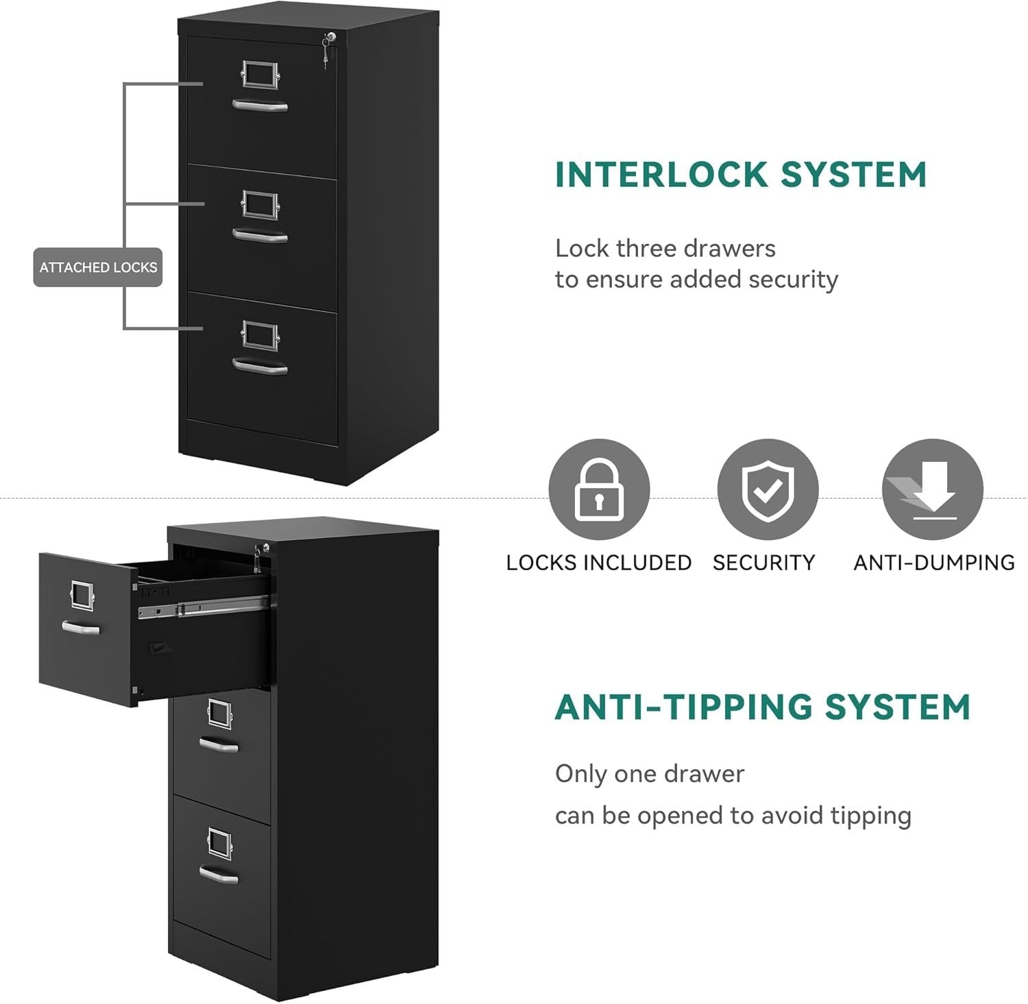 Black 3 Drawer Locking Steel Filing Cabinet Vertical A4 Legal Home Office Safe