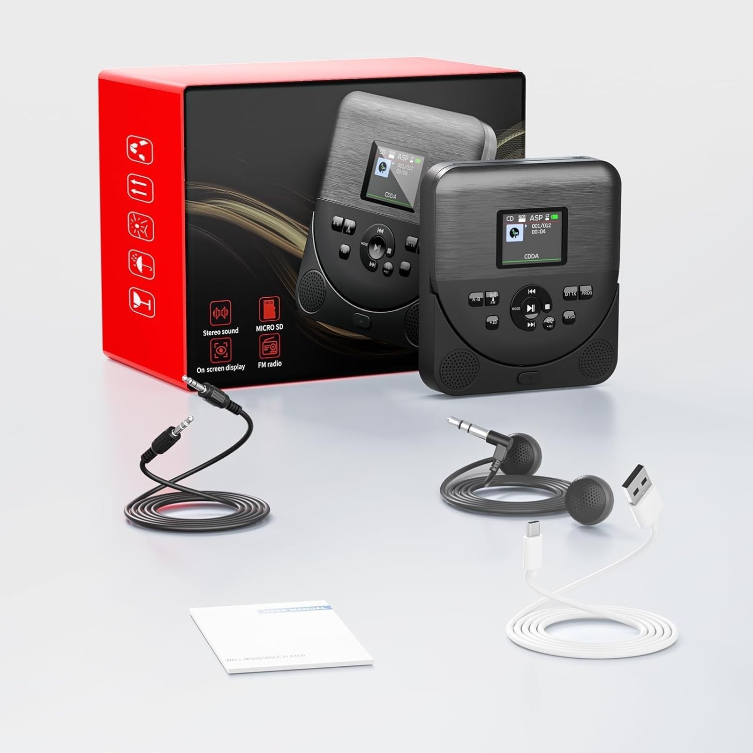 Portable Bluetooth CD Player FM Transmitter TF AUX Rechargeable Black