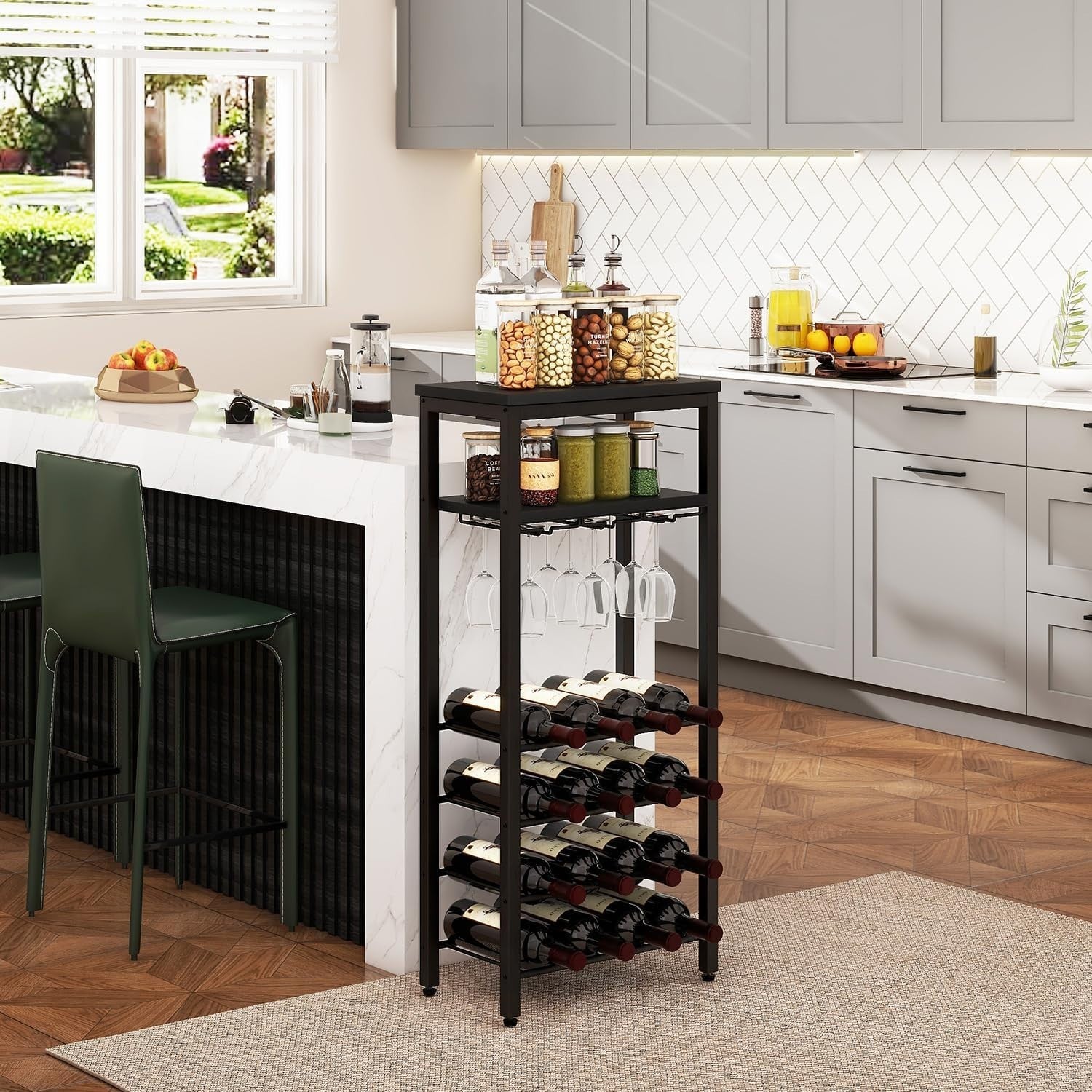 Freestanding Wine Rack 16 Bottle Storage with Hanging Glass Holder Black Shelf