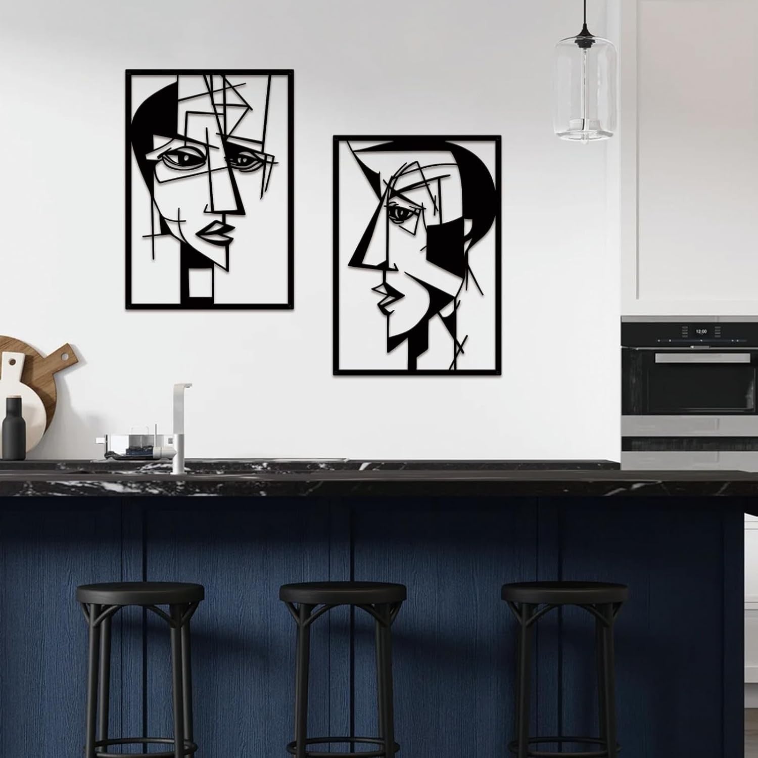 Set of 2 Abstract Metal Wall Art Faces Black Minimalist