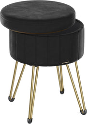 Ink Black Velvet Storage Ottoman Round Stool Dressing Table Seat 39cm