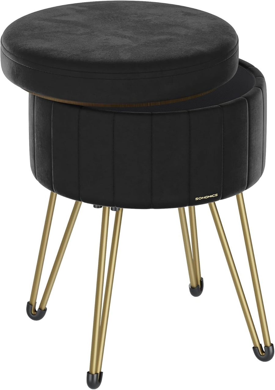 Ink Black Velvet Storage Ottoman Round Stool Dressing Table Seat 39cm