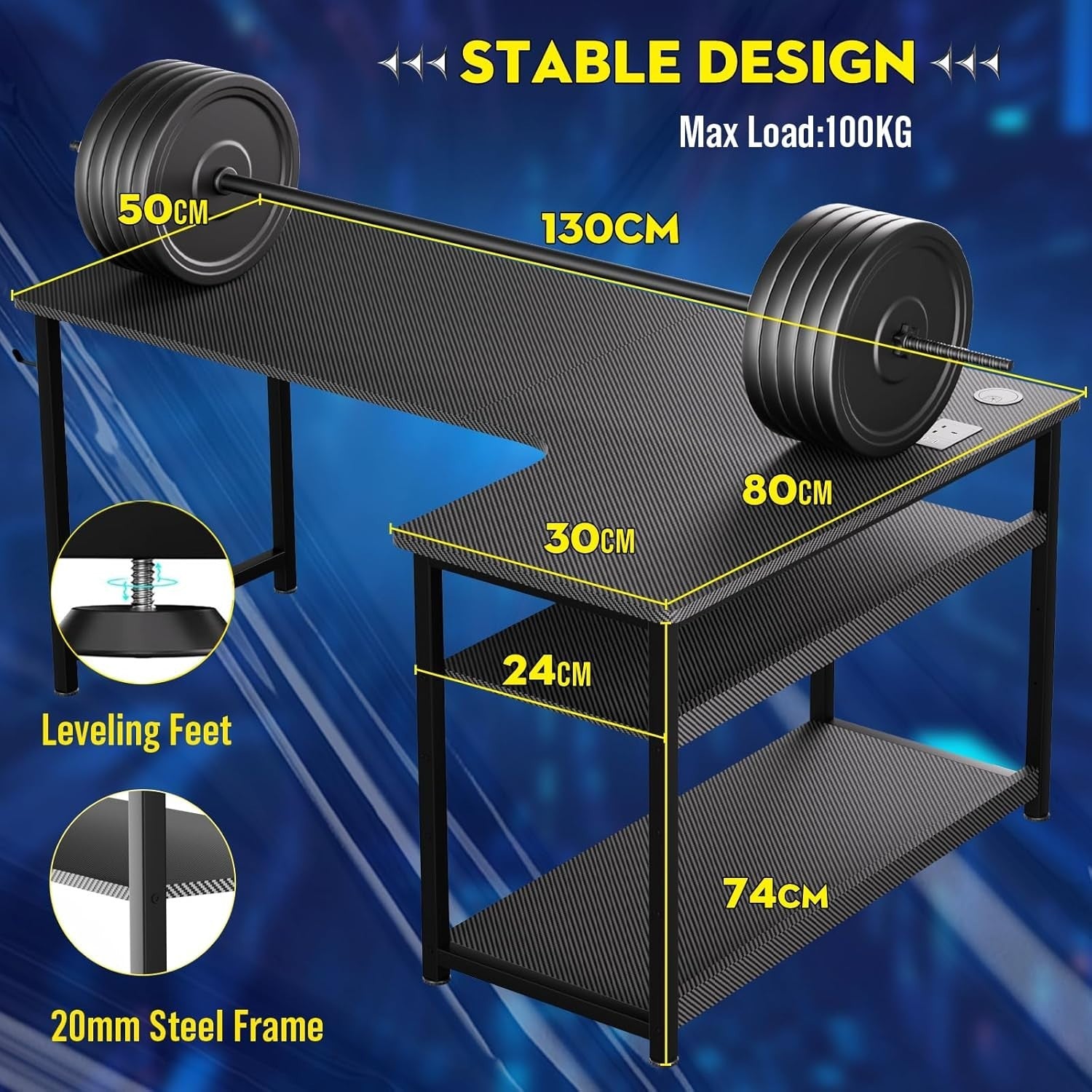 L Shaped Gaming Desk 130x80cm with USB Ports Shelves Hook Corner Office Table