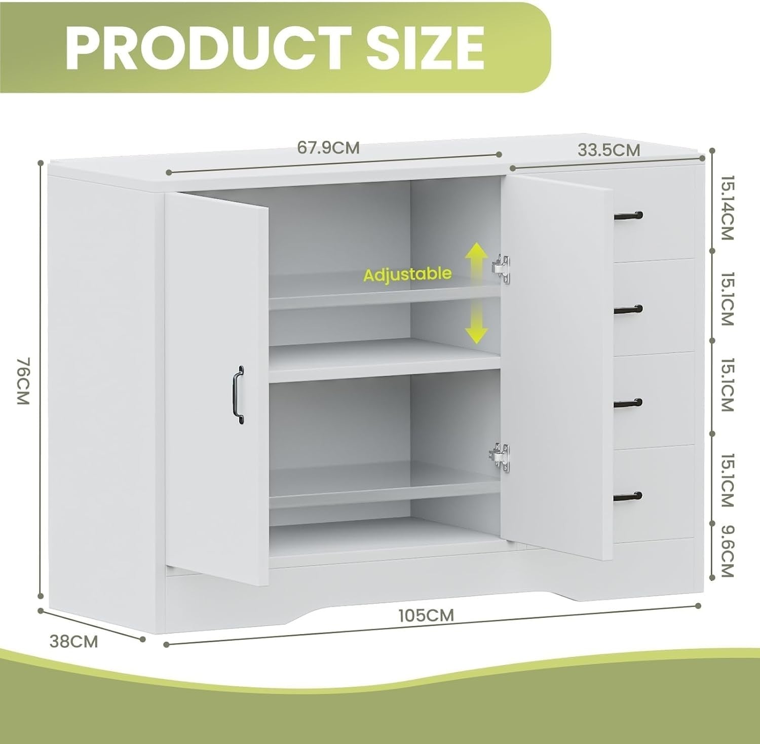 White Sideboard Buffet Cabinet 4 Drawer Adjustable Shelf Kitchen Storage