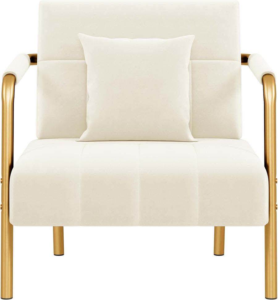 Velvet Accent Tub Chair Gold Legs Armchair w/ Cushion Beige