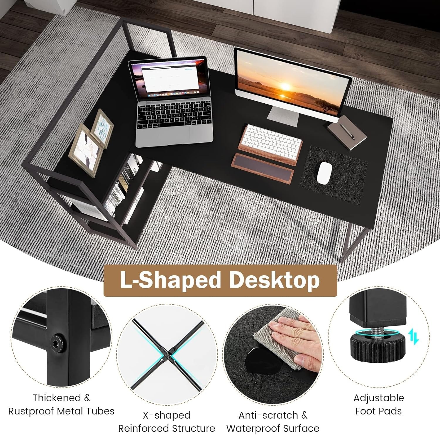 Modern Black L-Shaped Computer Desk with Reversible Shelves & Metal Frame