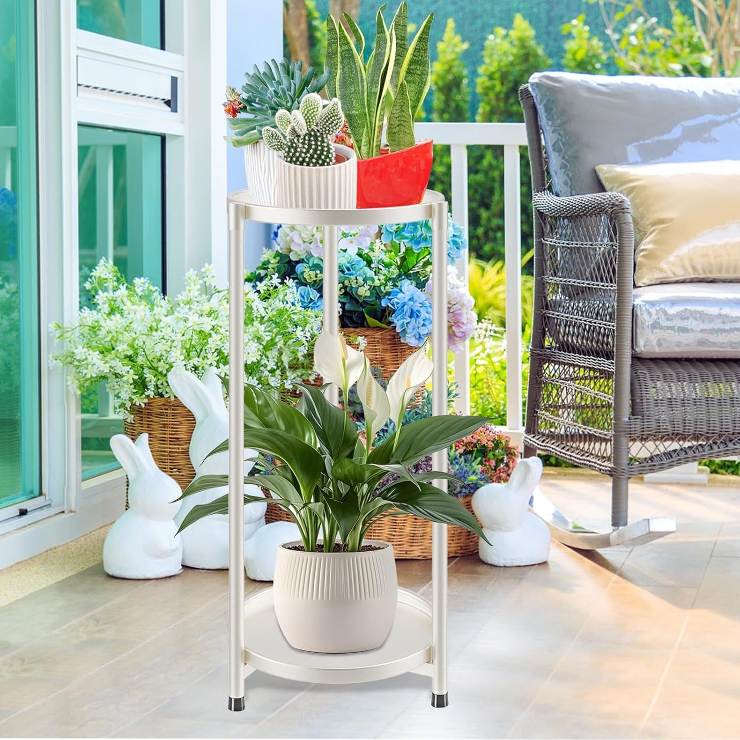 2 Tier White Metal Plant Stand Indoor Outdoor Flower Display Rack Corner Shelf