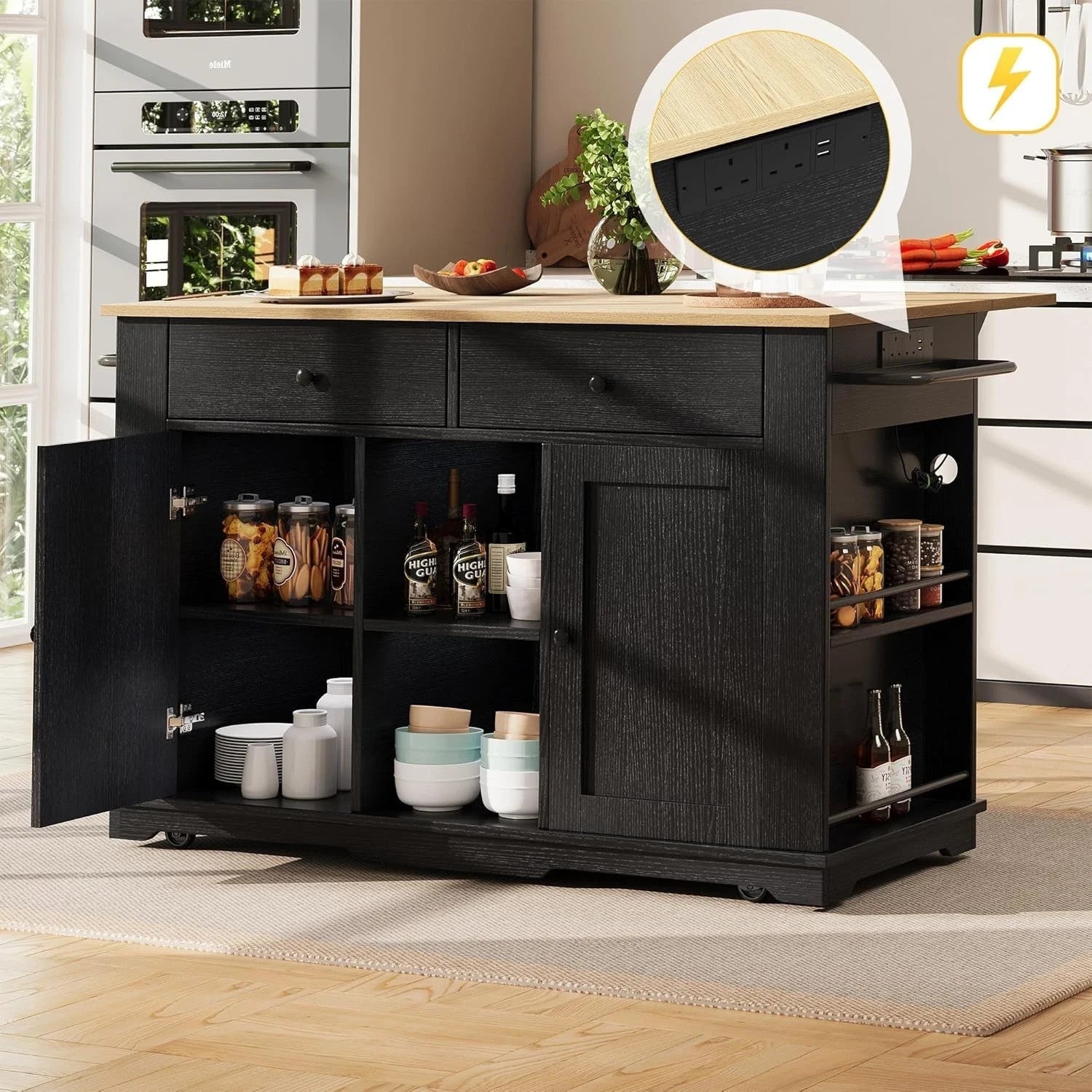Kitchen Island Trolley with Drawers, Wine Rack & Power Strip, 151.5x59.7x91.7cm