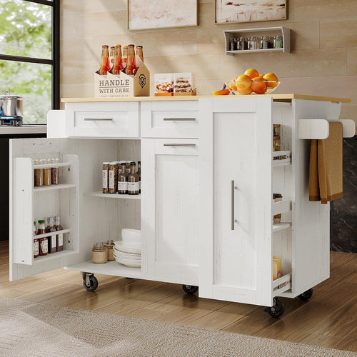 White Kitchen Island Cart with Foldable Tabletop & Storage 134x46x90cm