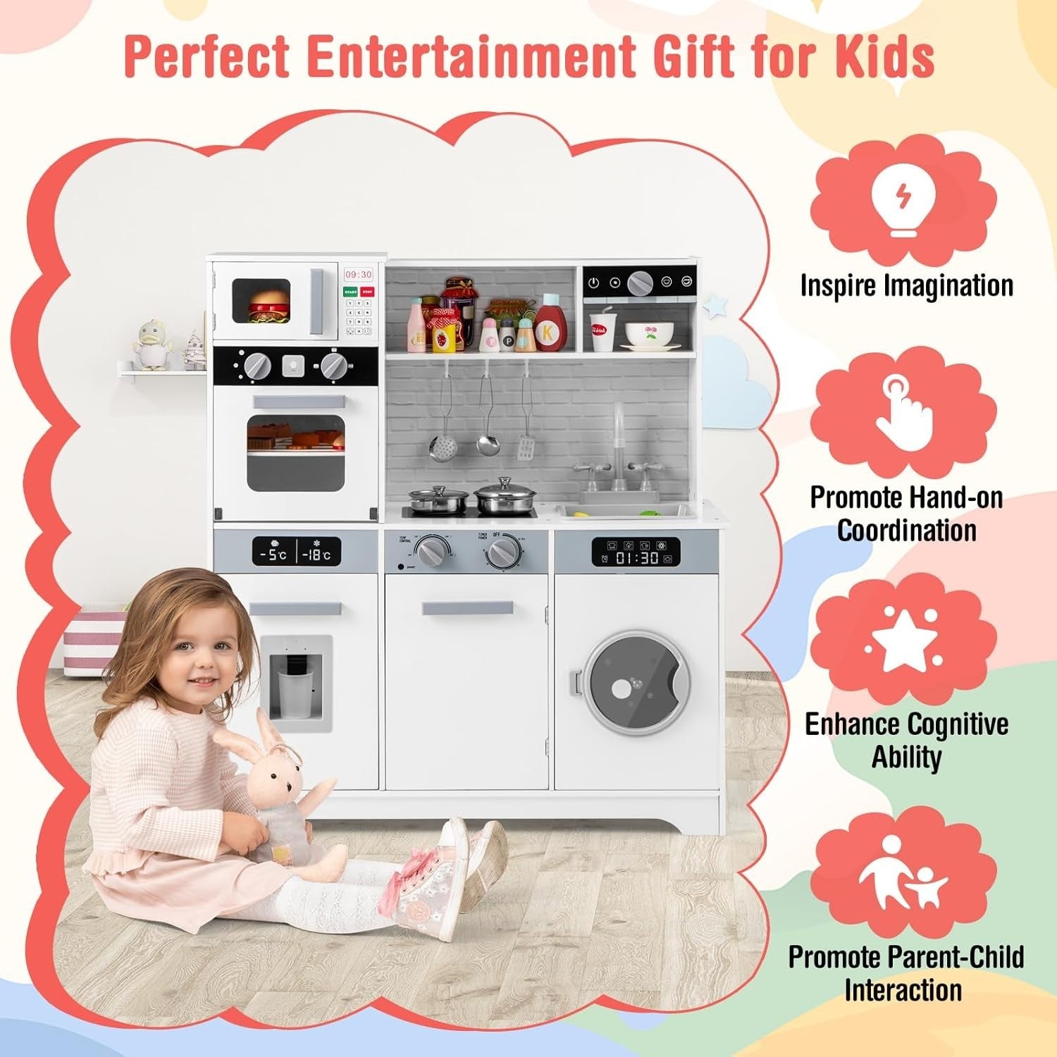 Kids Wooden Play Kitchen Lights Sounds Washer Coffee Maker Toy