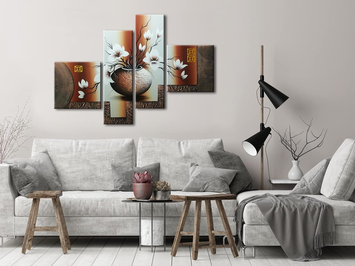 Large 4 Panel Floral Oil Painting Canvas Wall Art Hand Painted