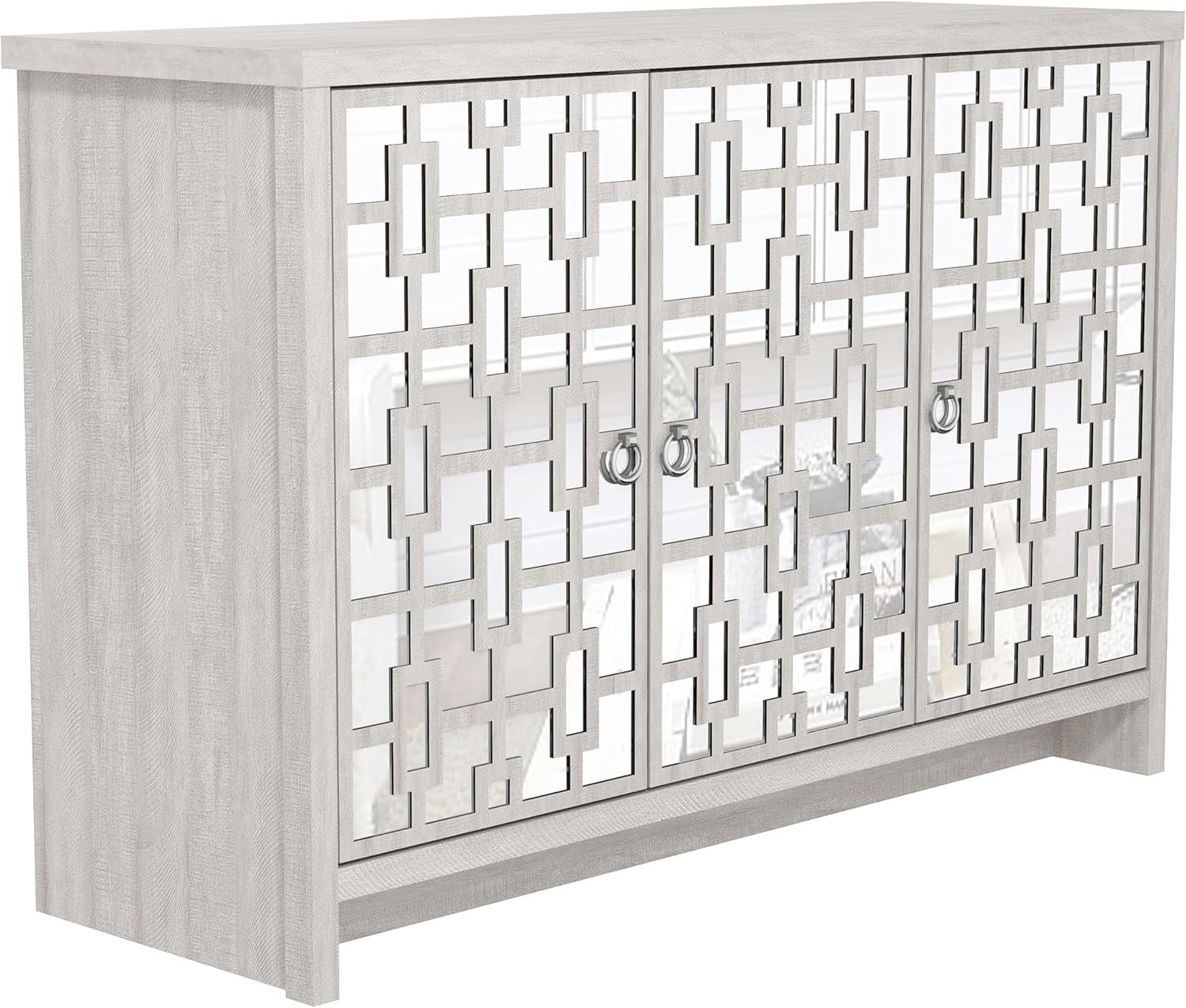 Modern Mirrored Sideboard Cabinet 3 Door Grey Oak Storage Unit Room