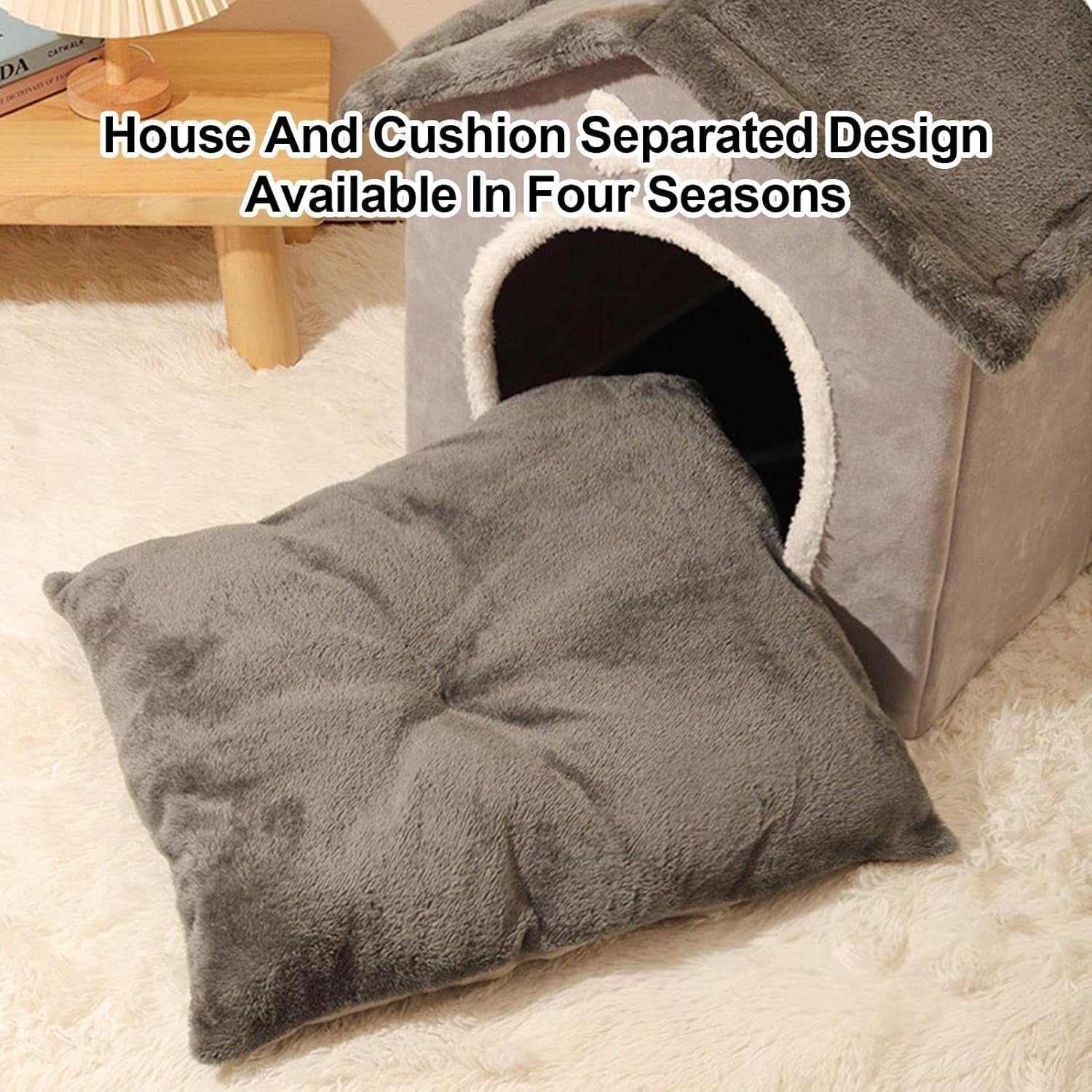 Foldable Plush Dog House Kennel Bed with Removable Cushion Small Medium Pets
