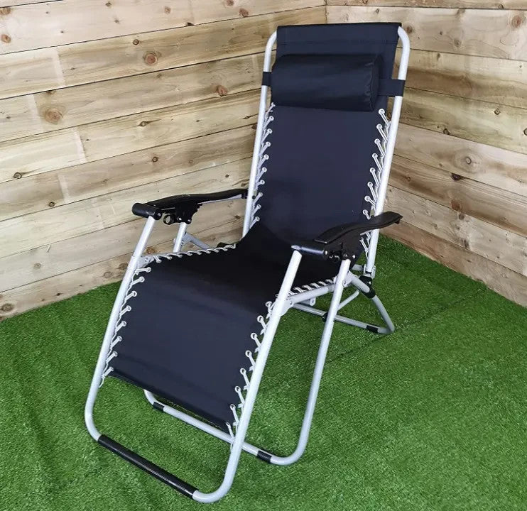 Adjustable Garden Gravity Recliner Chair Sun Lounger Black Silver 120kg