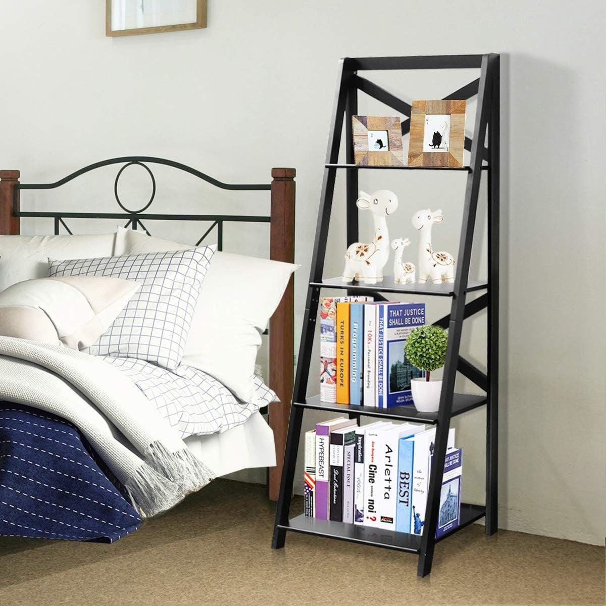Modern 4 Tier Ladder Shelf Bookcase Leaning Display Storage Unit Black