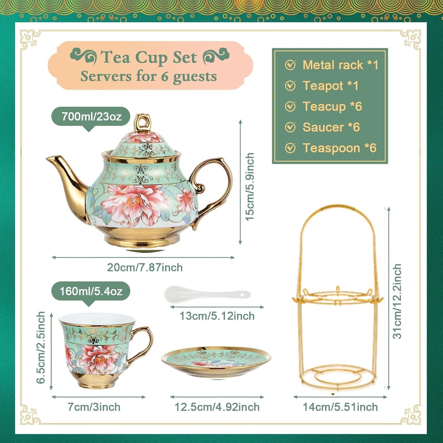 20Pc Green Porcelain Tea Set Gold Floral Teapot Cups Saucers Stand