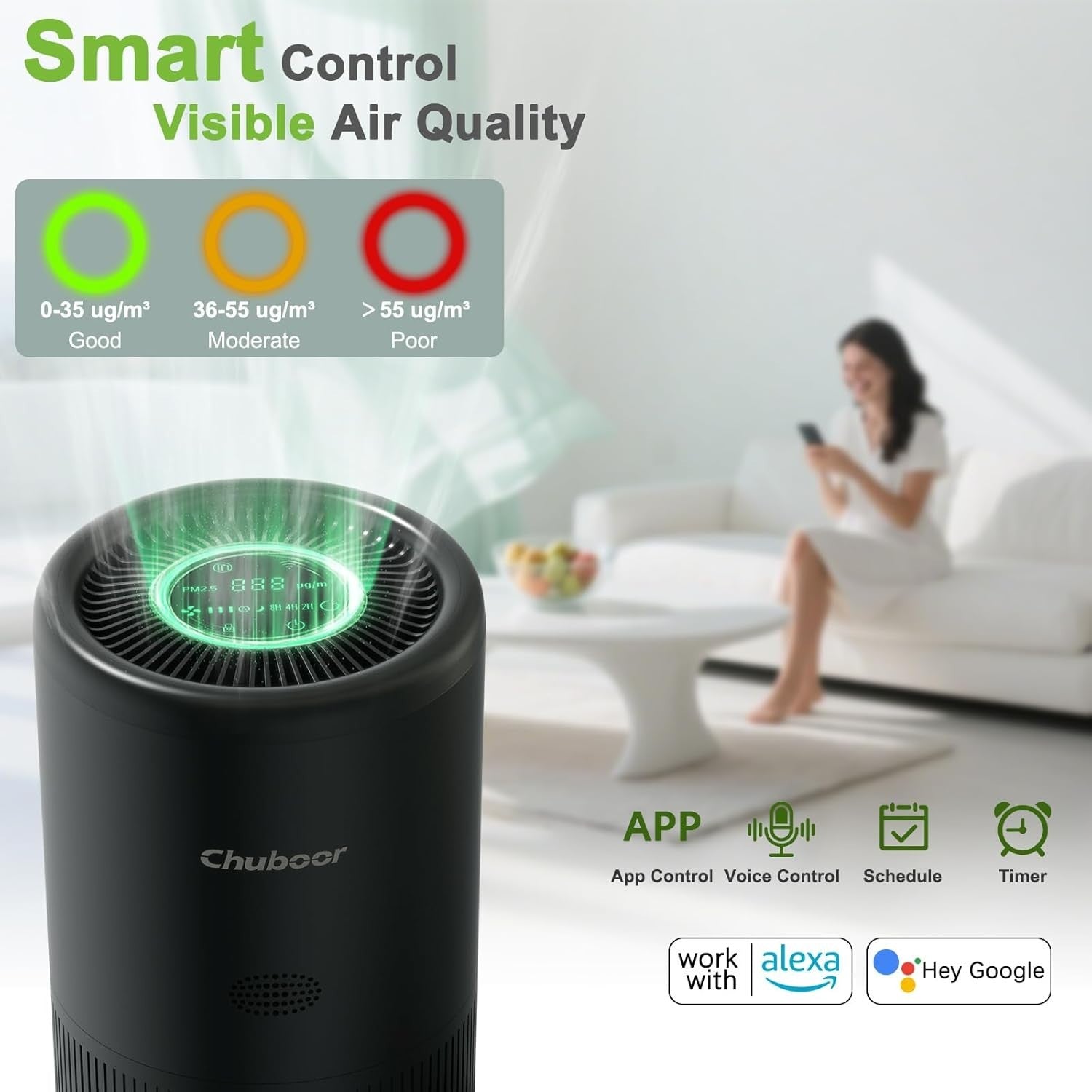 Smart HEPA Air Purifier 1200ft² App Alexa PM2.5 Pets Quiet