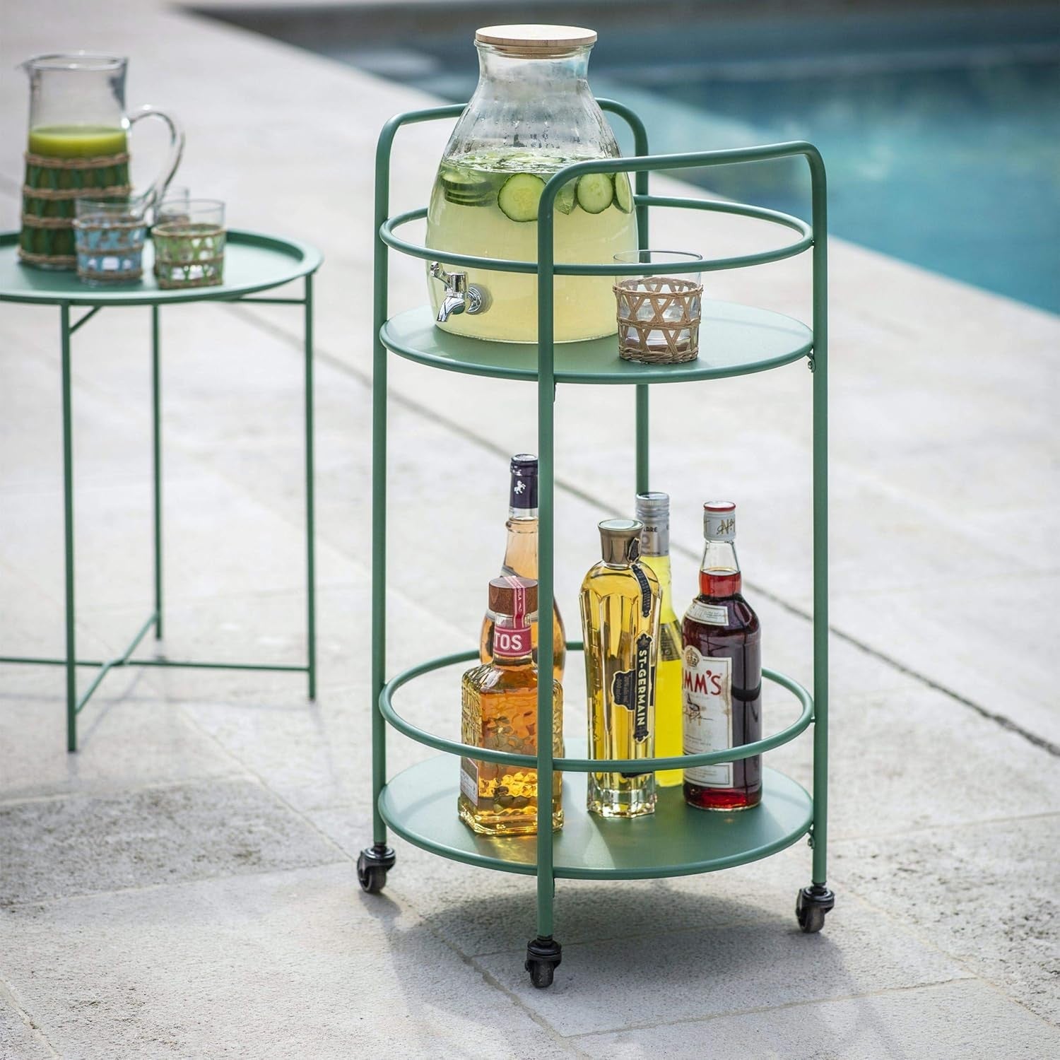 Round Drinks Trolley Serving Cart Metal Rolling Bar Cart Indoor Outdoor