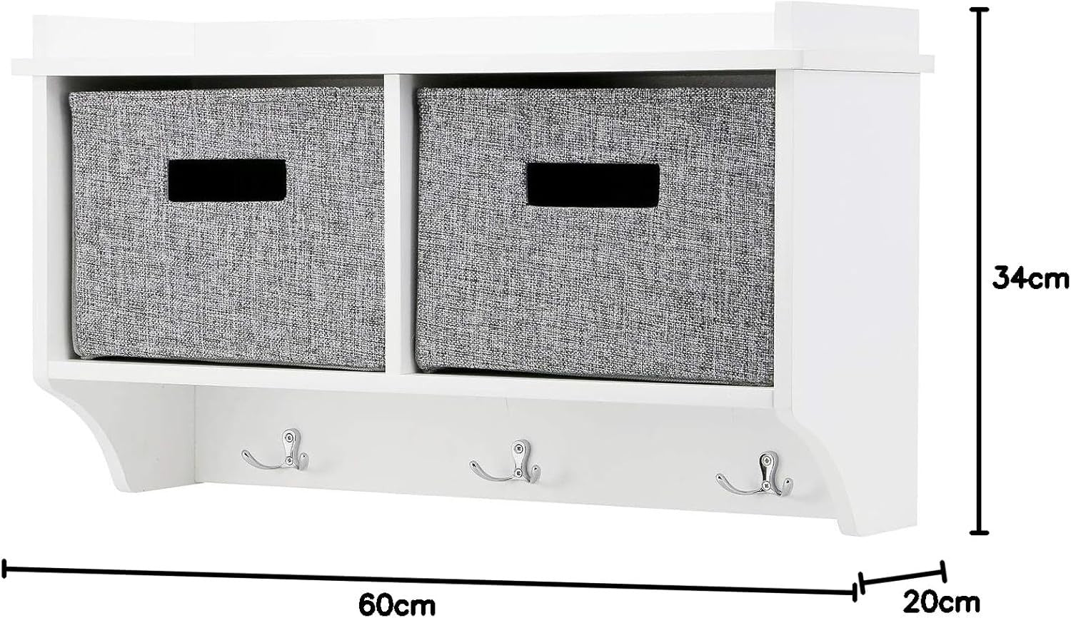 White Wall Mounted Coat Rack | 3 Hooks & 2 Fabric Baskets Hallway Shelf