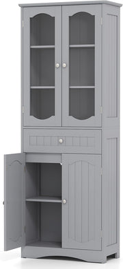 Tall Bathroom Cabinet Grey Freestanding Storage Cupboard 4-Door Drawer