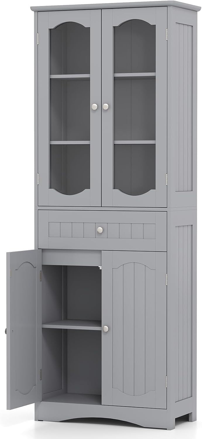 Tall Bathroom Cabinet Grey Freestanding Storage Cupboard 4-Door Drawer