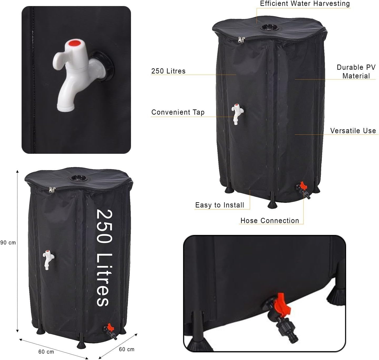 250L Collapsible Water Butt Kit with Tap, Hose Connector & Lid for Garden