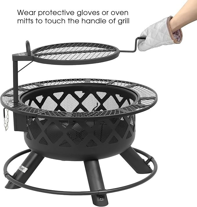Large Outdoor Fire Pit with Swivel Cooking Grill 32in Steel Wood Burner