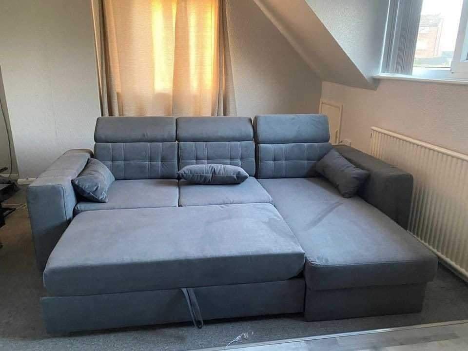 Grey L-Shaped Sofa Bed with Storage & Linen Fabric 3-Seater Sleeper Couch